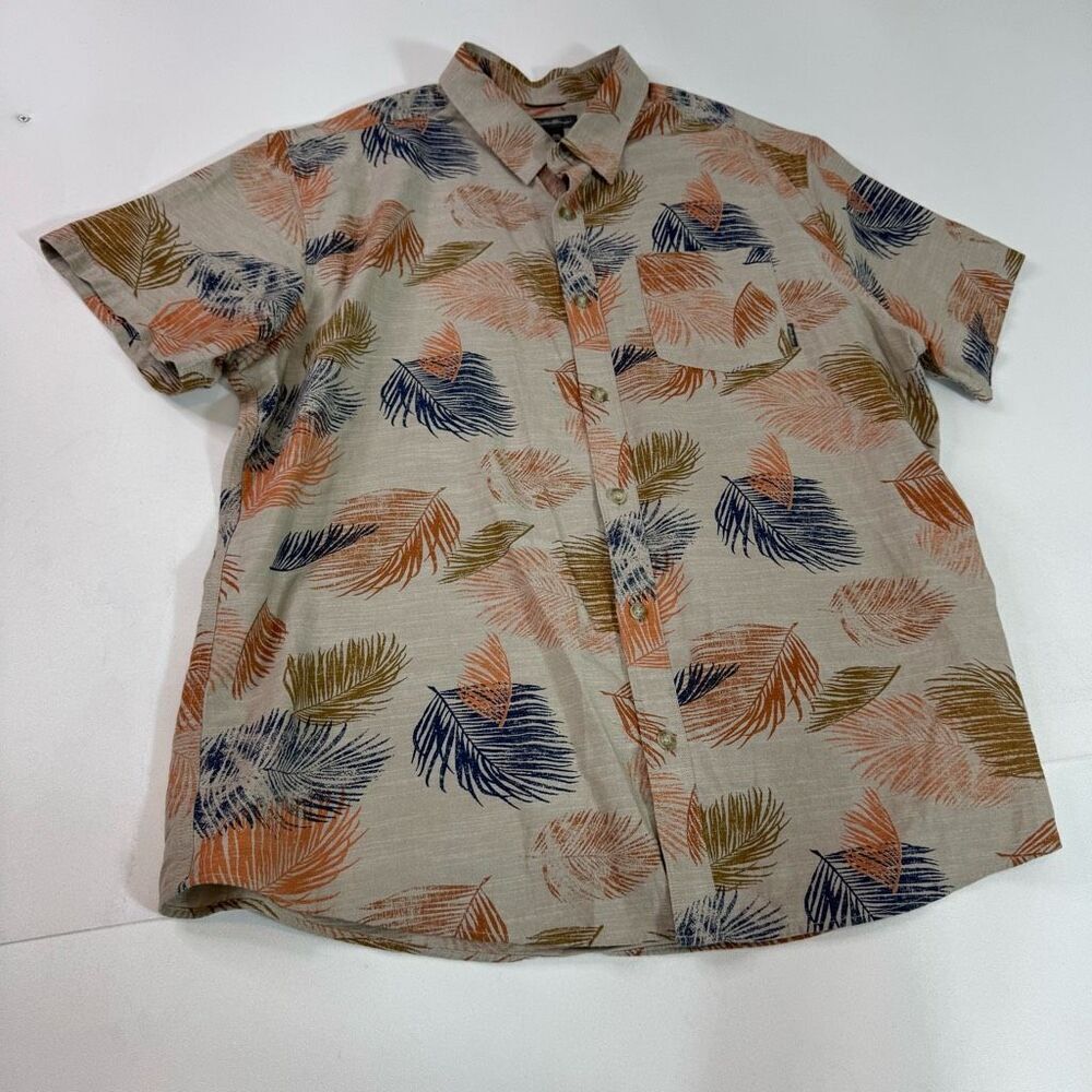Eddie Bauer Shirt Mens 2X Tan Tropical Hawaiian Leaves Linen Button Up Beach